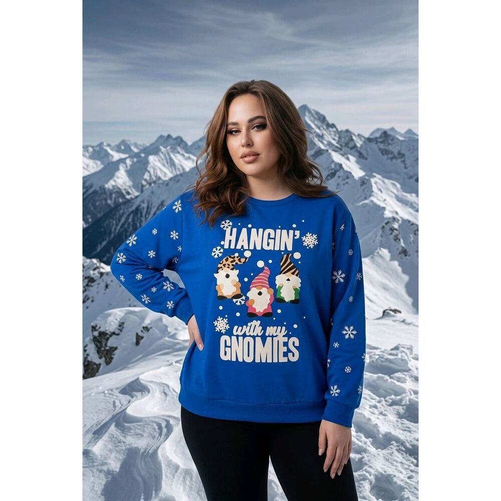🇬🇪🔺️Blue w/White Snowflakes Hangin' With My Gnomies Long Sleeve Sweatshirt 2X